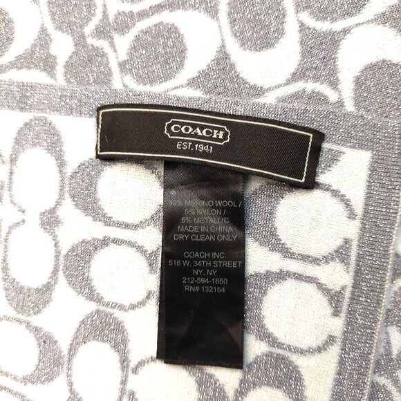 COACH Classic Silver & Cream Monogram C Logo Wool Blend Pre-owned Scarf - Picture 12 of 13